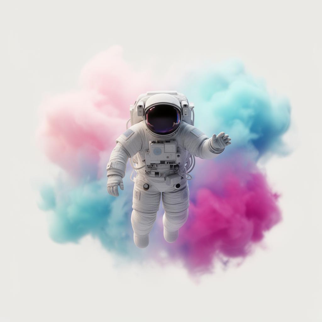 Astronauta flotando entre nubes de colores